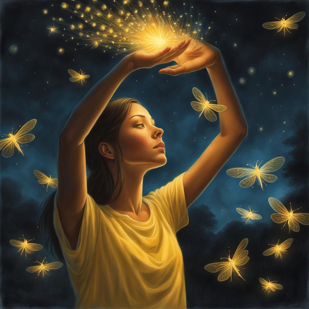 Young Woman Releases a Swarm of Fireflies in a Soft Yellowis...
