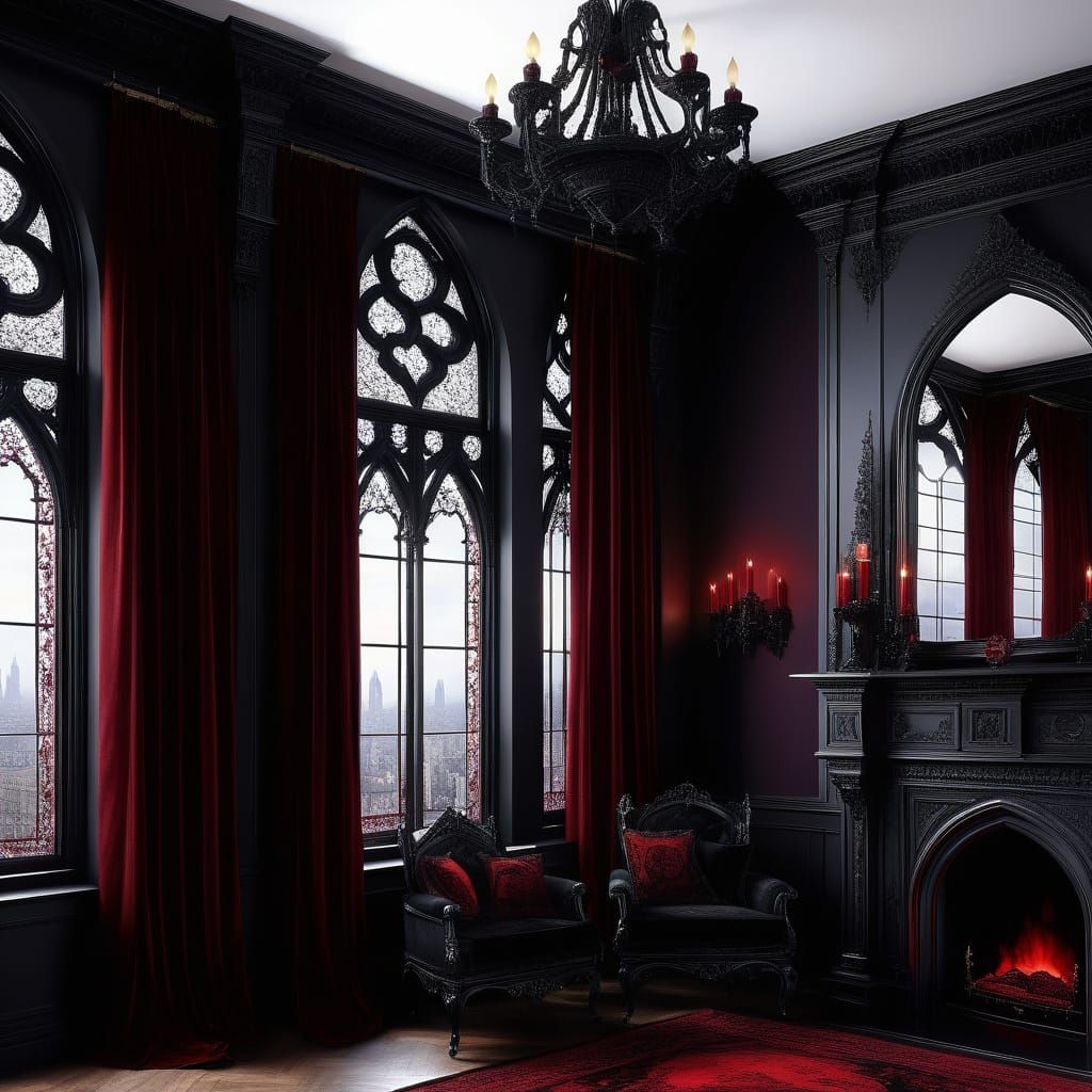 Burgundy red gothic penthouse with black gothic windows& ele...