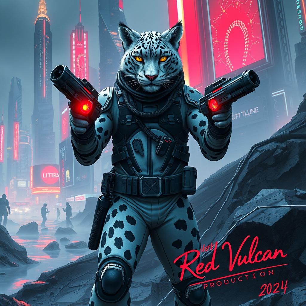 A snow leopard-human hybrid soldier, agile and powerful, cla...