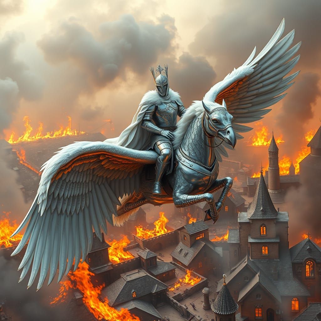 Regal Paladin Soars Above Medieval Village in Flames