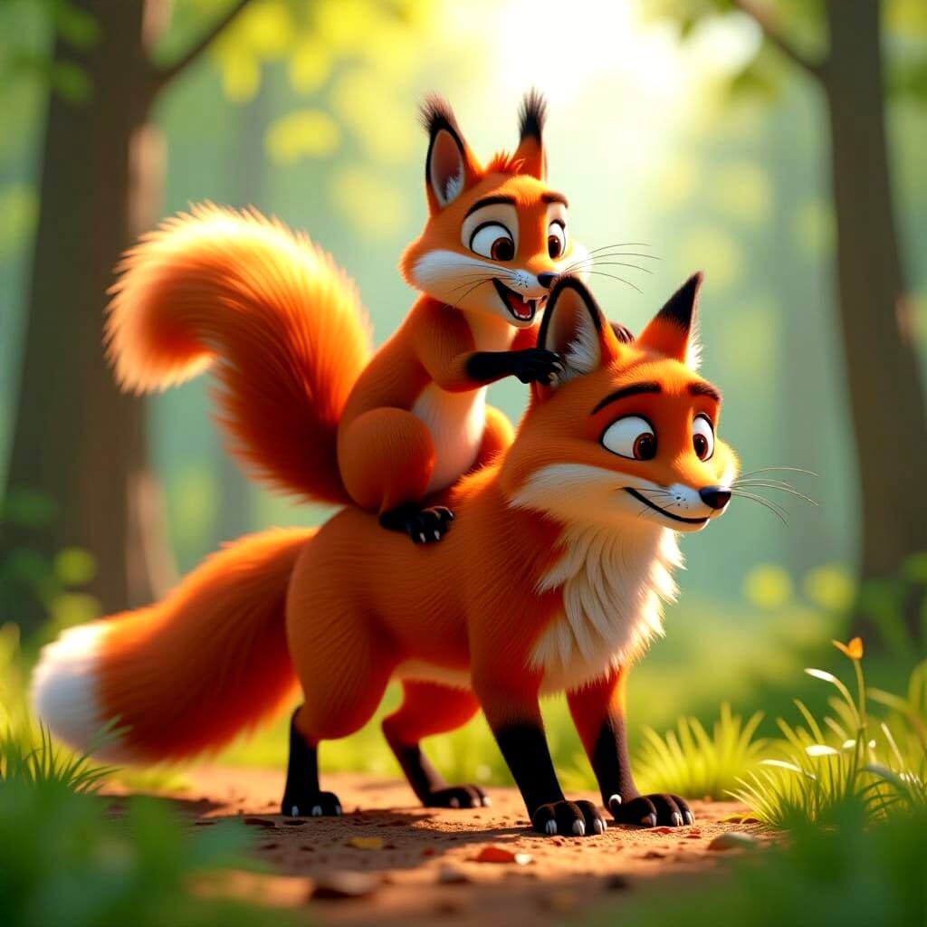 Squirrel Riding Fox in Sunny Forest: 3D Digital Art