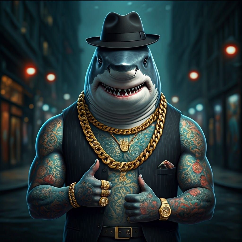 Surrealistic Gangster Shark Rides Luxury Wave