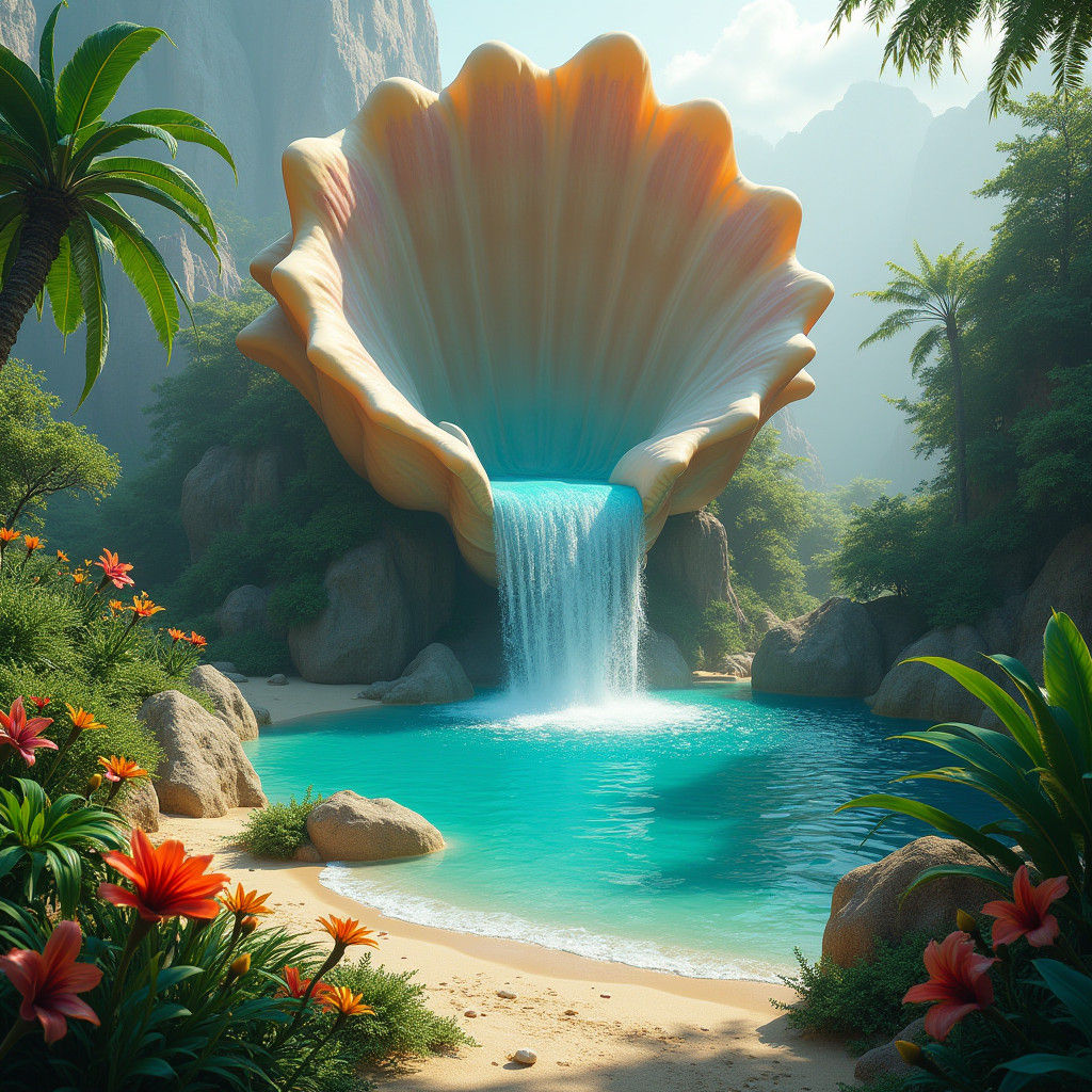 Majestic Iridescent Conch Fountain in Emerald Paradise