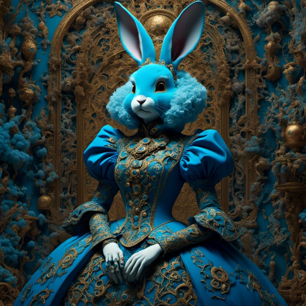 Surreal Victorian Blue Bunny Goddess in Opulent Dress