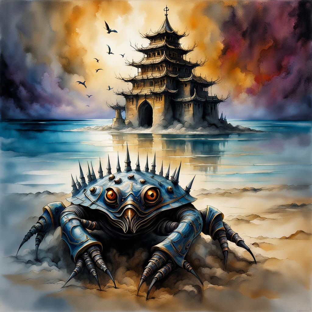 Majestic Fantasy Castle with Crab on Windswept Summit