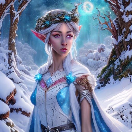 Elven Lady Adorns Crystal Portal with Winter Garland