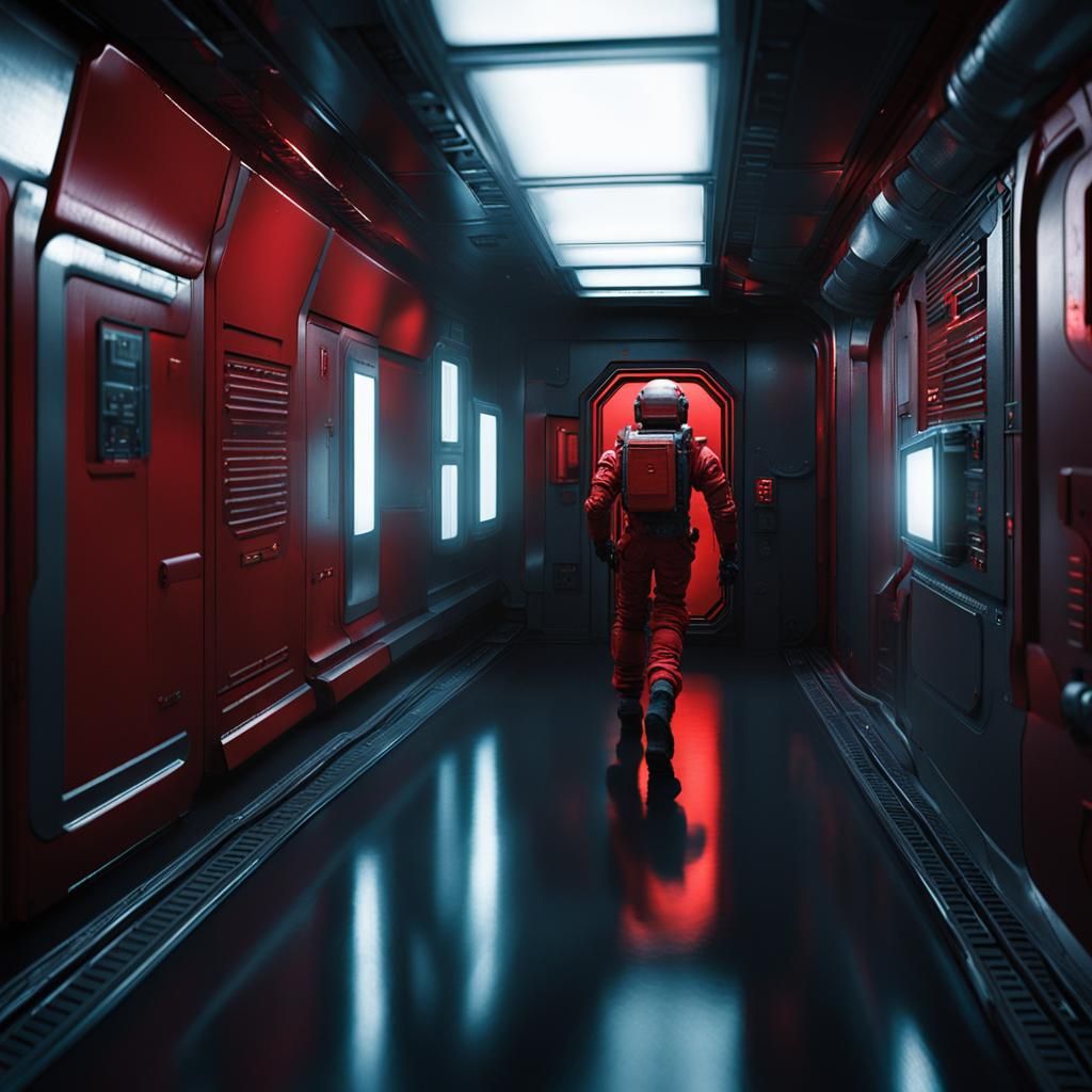 Cinematic Red Dwarf Corridor Scene with Scutter