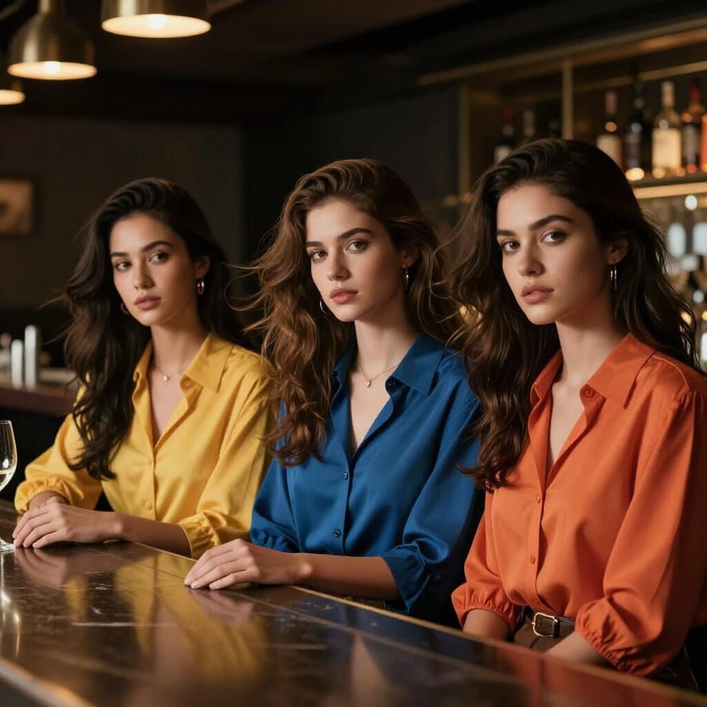 Attractive Women in Stylish Blouses at Modern Bar
