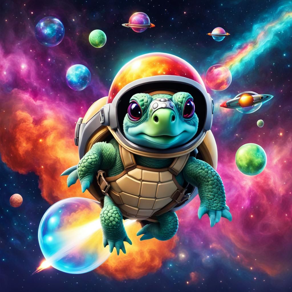 Colorful Space Turtle Soars Through the Cosmos in a Rocket P...