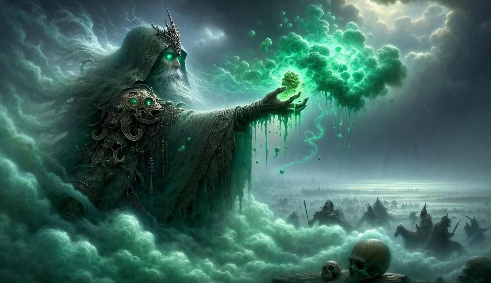 Mystical Wizard Casts Acid Fog Spell in Enchanted Battlefiel...