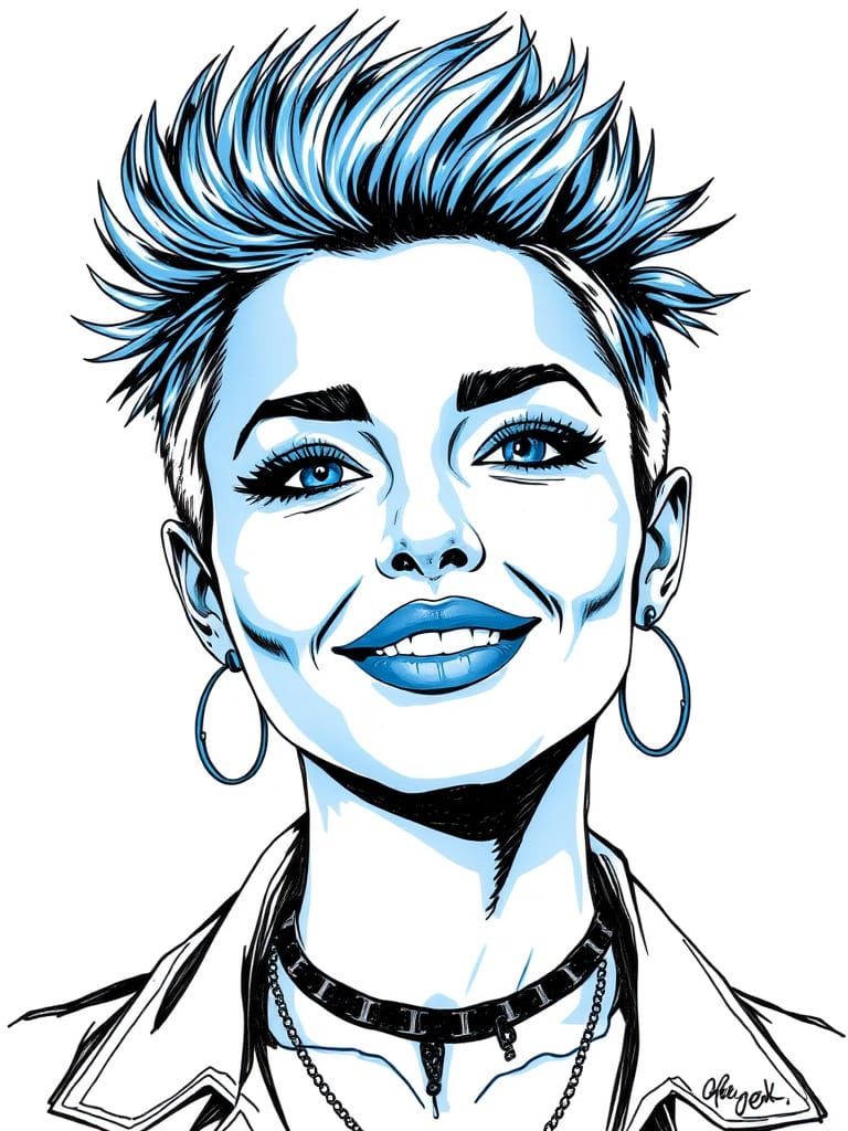 Monochrome Ink Portrait of Punk Woman in Blue