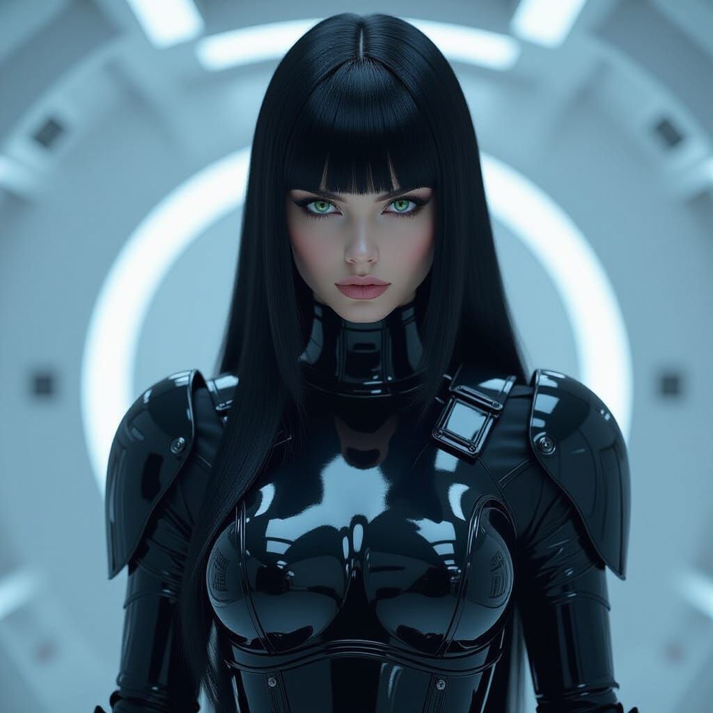 Dictatorial Figure in Glossy Black Armor in Spaceship