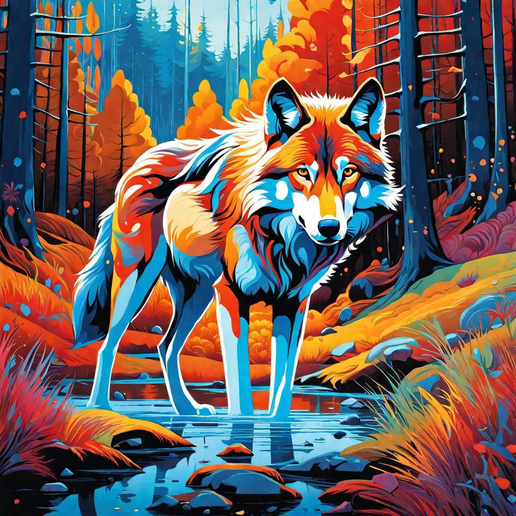 Whimsical Wolf Portrait in Vibrant Oil Stain