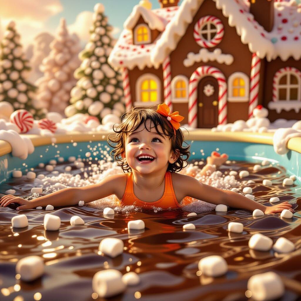 Child Swims in Chocolate Pudding Pool by Candy Mansion