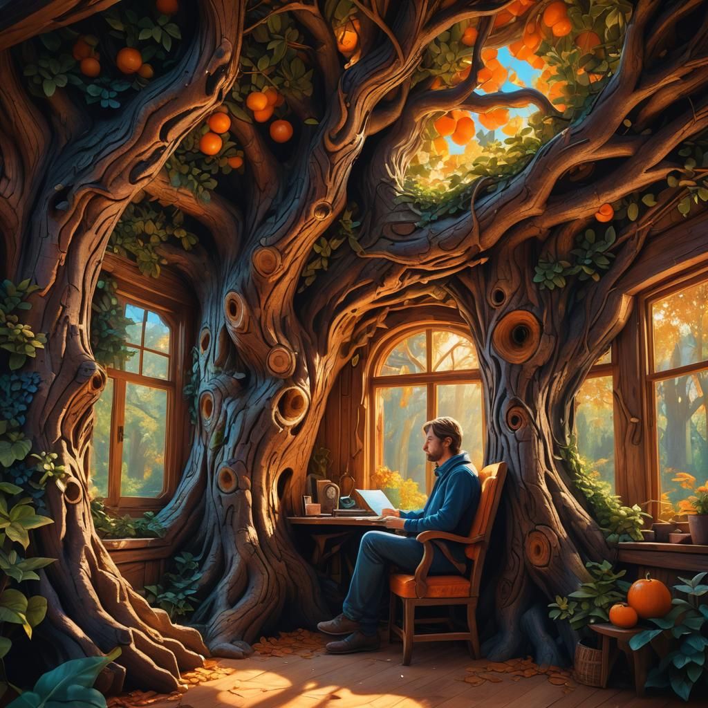 Cozy Hollow Tree Sanctuary in Vibrant Digital Art