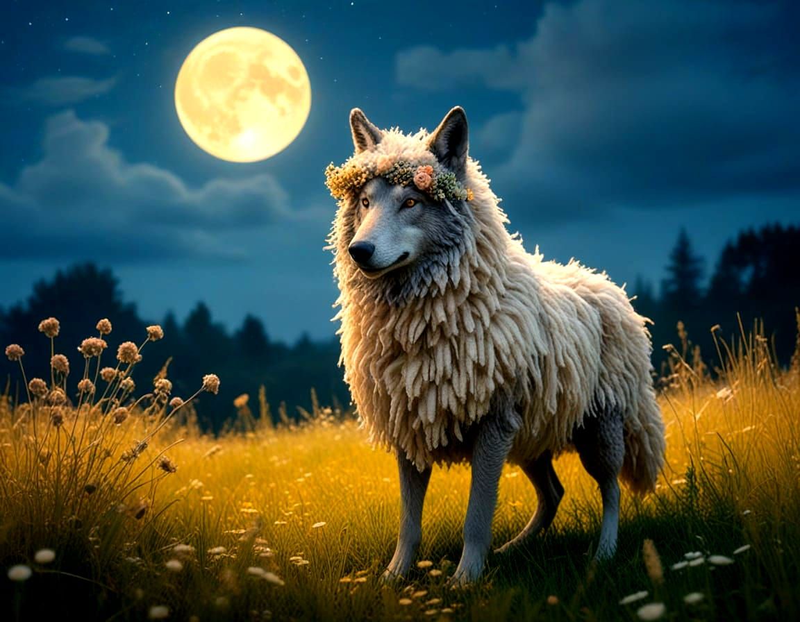 Wolf in Sheep Costume in Moonlit Meadow