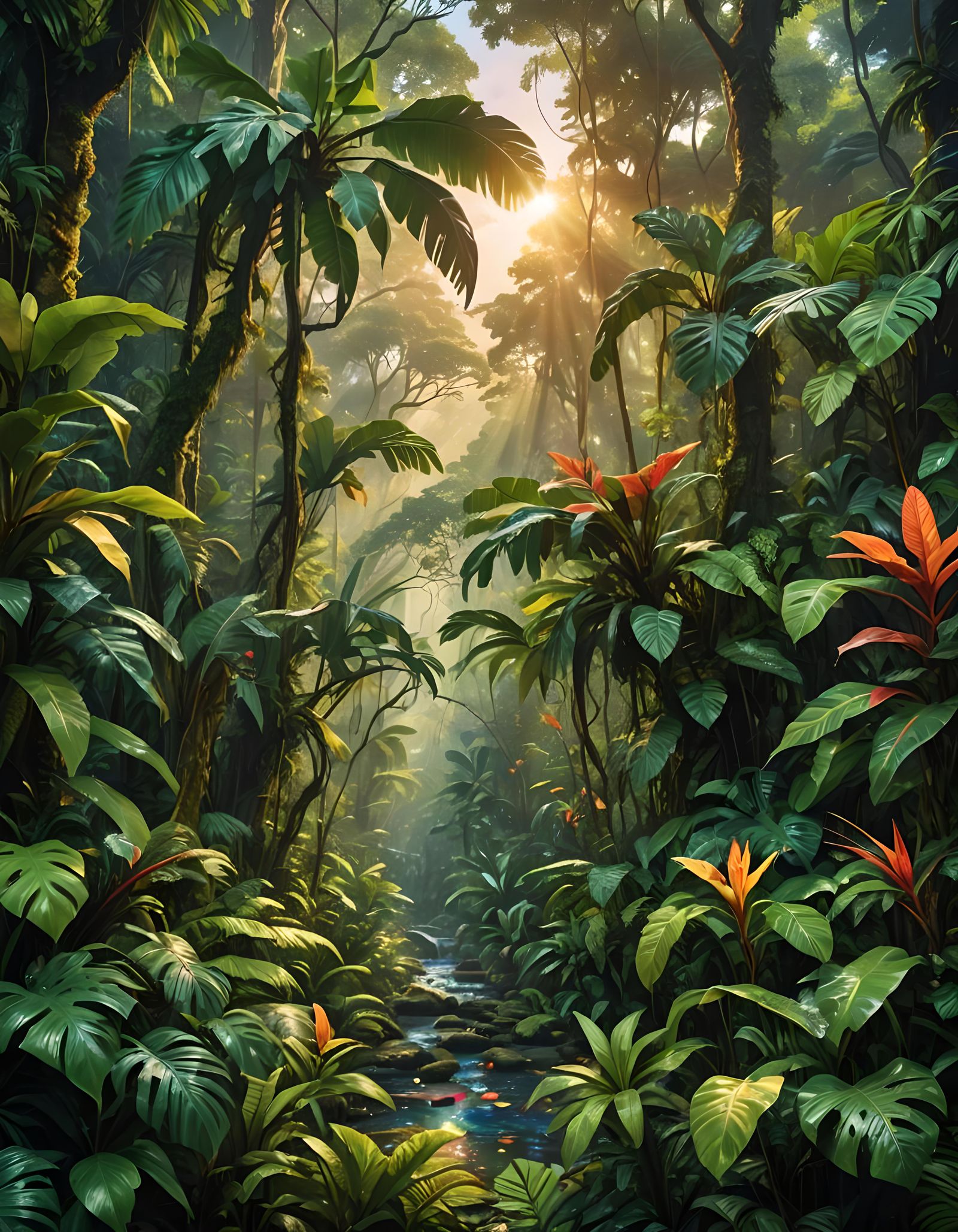 Vibrant Tropical Rainforest Landscape in Hyperrealistic Styl...