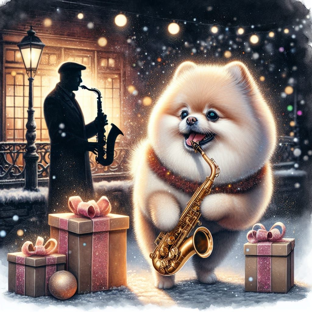 Whimsical Watercolor Pomeranian Saxophonist Surrounded by Wi...