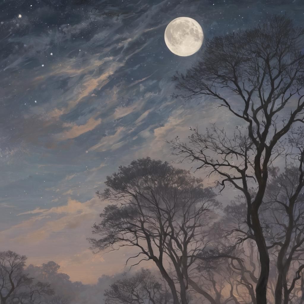 Dreamy Full Moon Landscape Under Starry Night