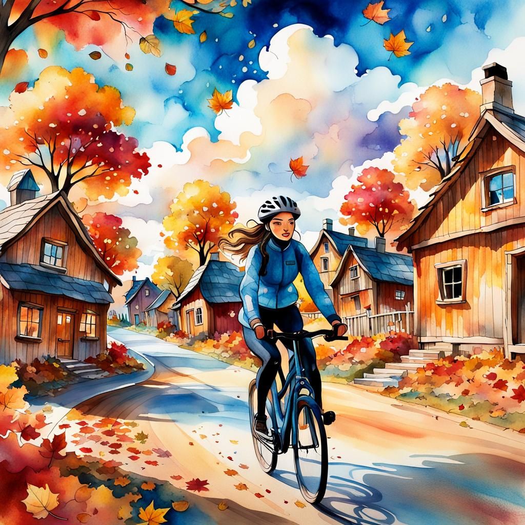 Young Girl Cycling Through Vibrant Autumn Village in Whimsic...