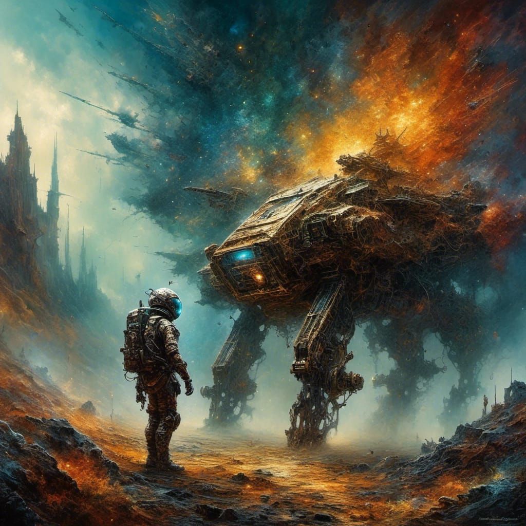 Cyborg Astronaut Explores Alien Landscape in Futuristic Rove...
