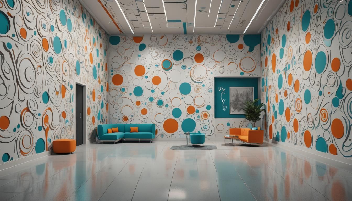 Futuristic Lobby in Minimalistic Style with Cyan and Orange...