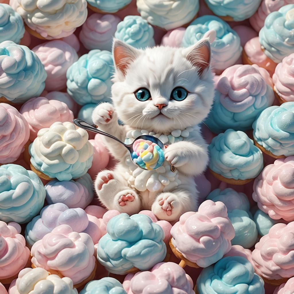 Whimsical Kitten Savoring Marshmallow Clouds with a Spoon