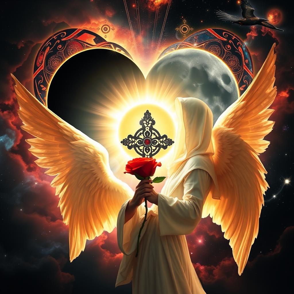 a sun and moon eclipse, a rose an angel, a glowing cross, do...