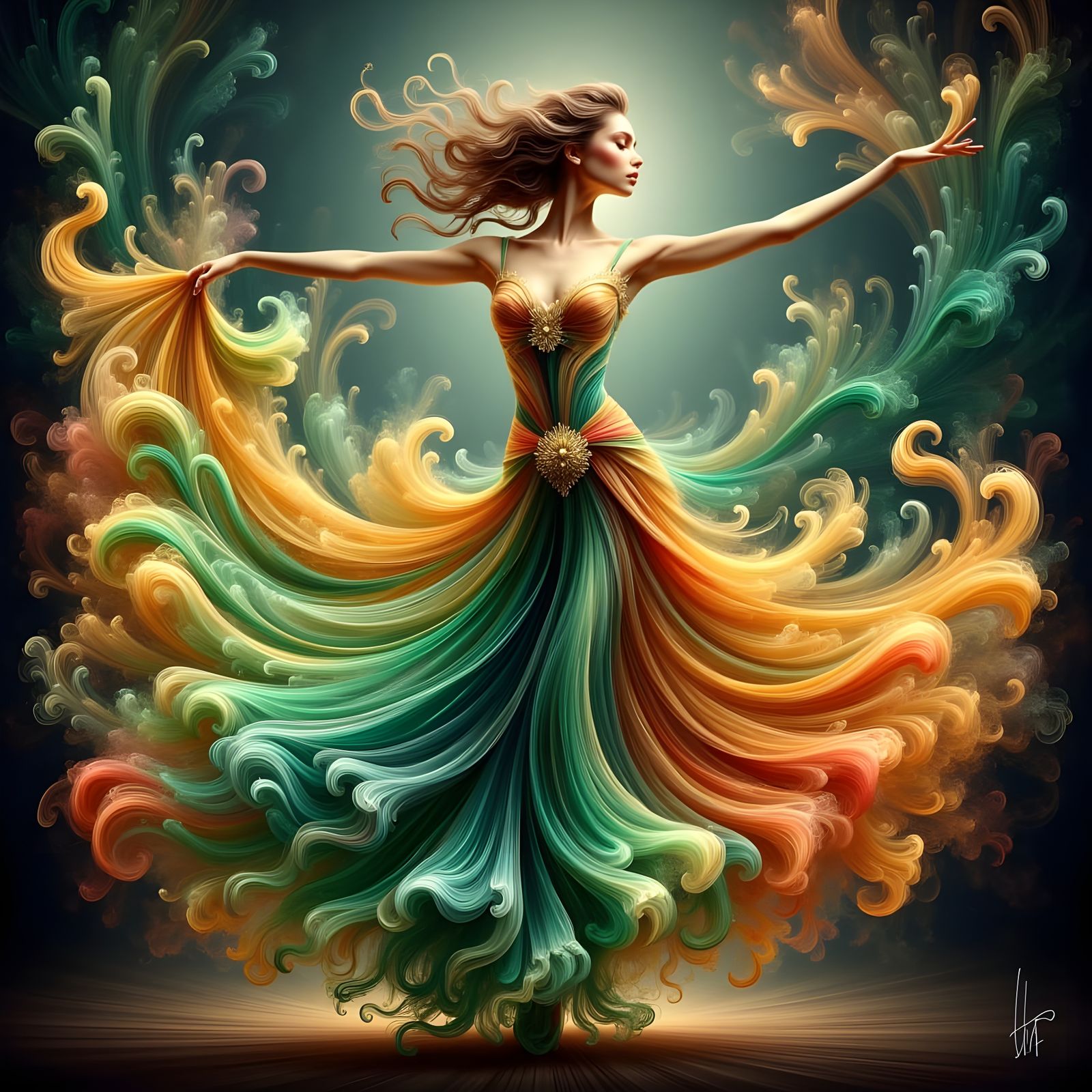 Ethereal Ballroom Dancer in Vibrant Stained Glass Gown