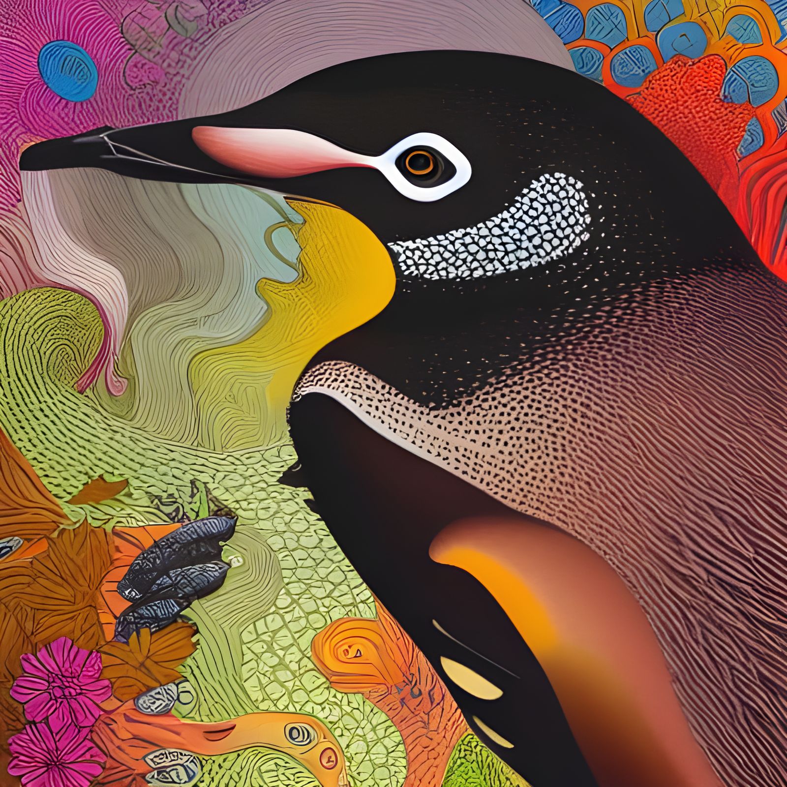 Galapagos Penguin in Vibrant Floral Harmony