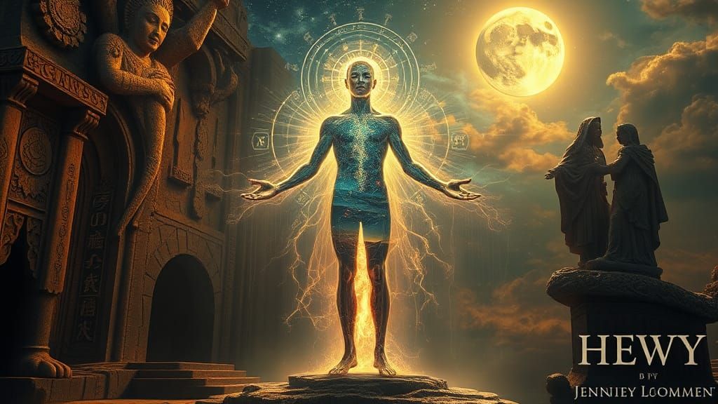 Ethereal Male Figure Emerges from Dreamlike Haze in Cosmic H...