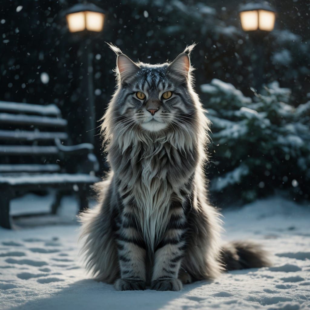 Maine Coon Cat in Winter Wonderland