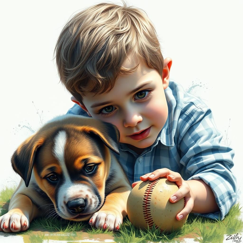 Hyperrealistic Portrait of a Boy Playing with His Puppy in a...