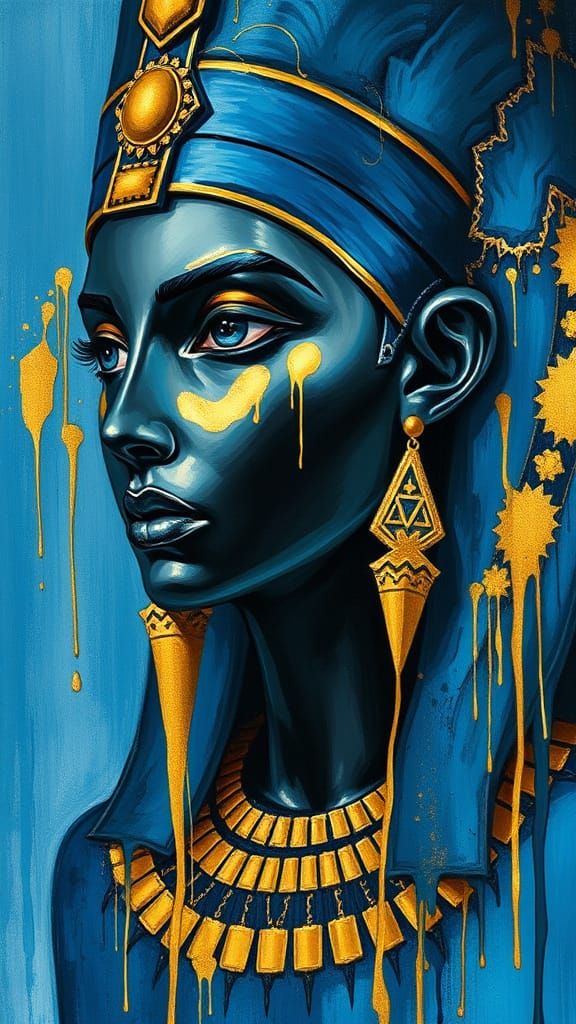 Egyptian Pharaoh in Blue and Gold Gouache