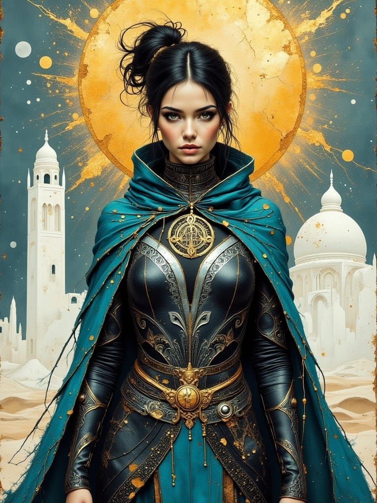 Sorceress in Turquoise Cloak with Runic Staff