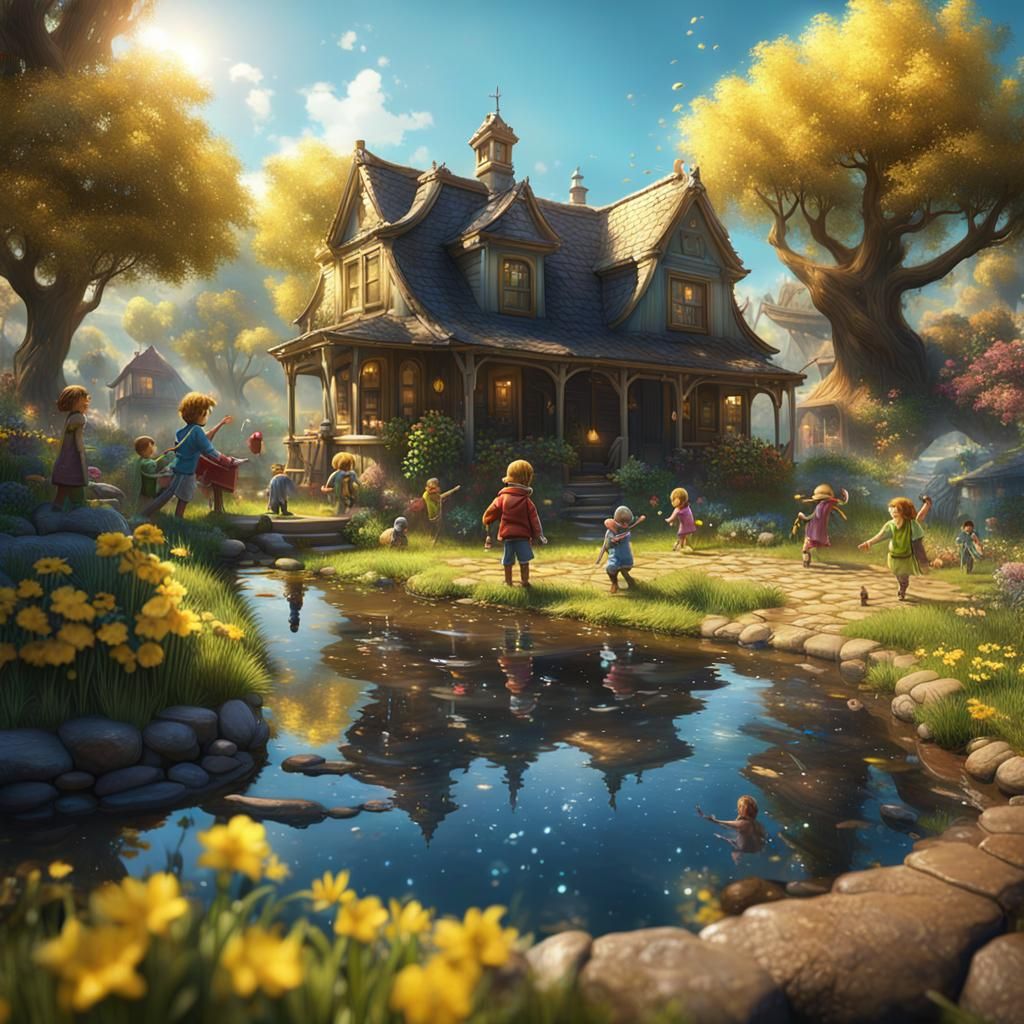 Kids Play in a Sunny Fantasy Yard with a Sparkling Water Hos...