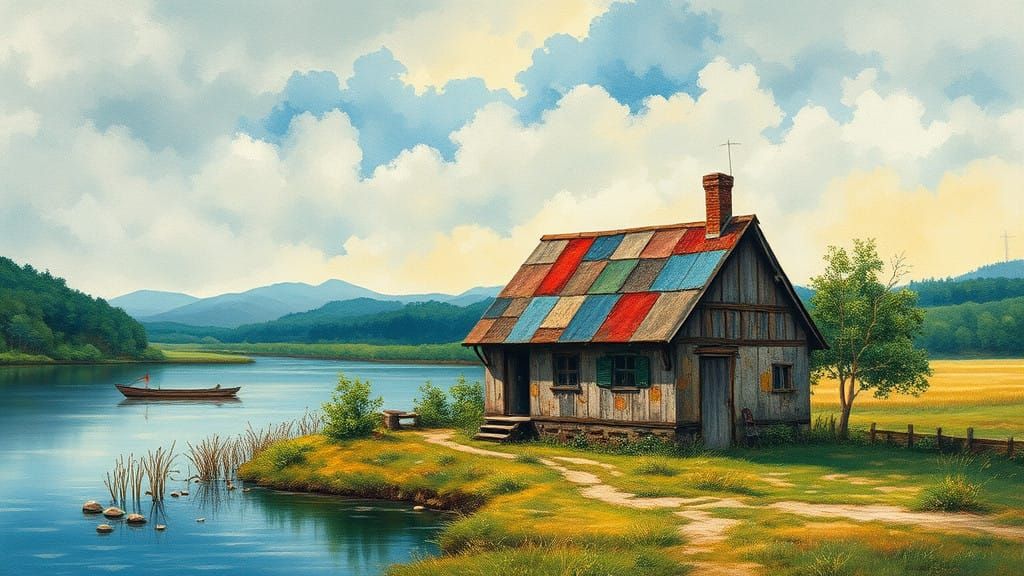 Weathered Rustic Abode Amidst Vibrant River Landscape