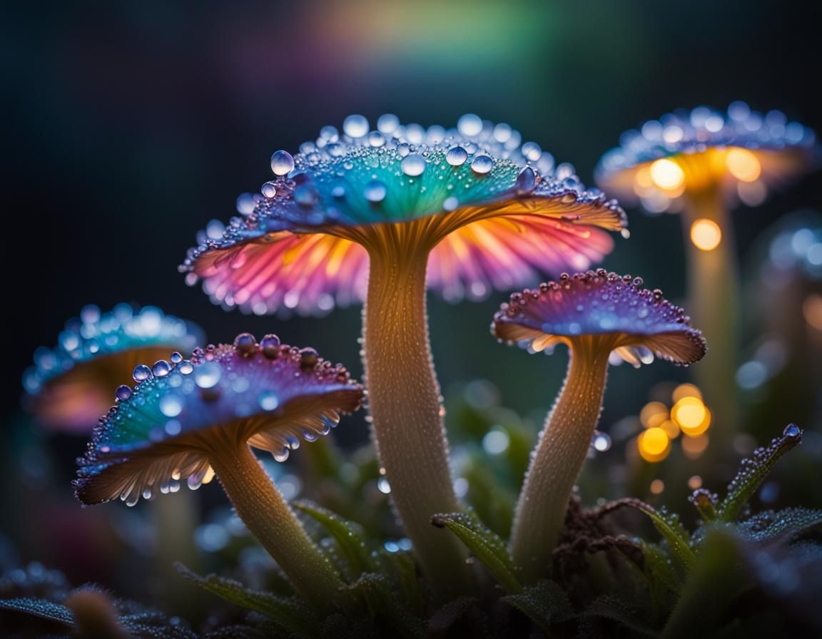 Moonlit Rainbow Dewdrops and Luminescent Flowers in Vibrant....