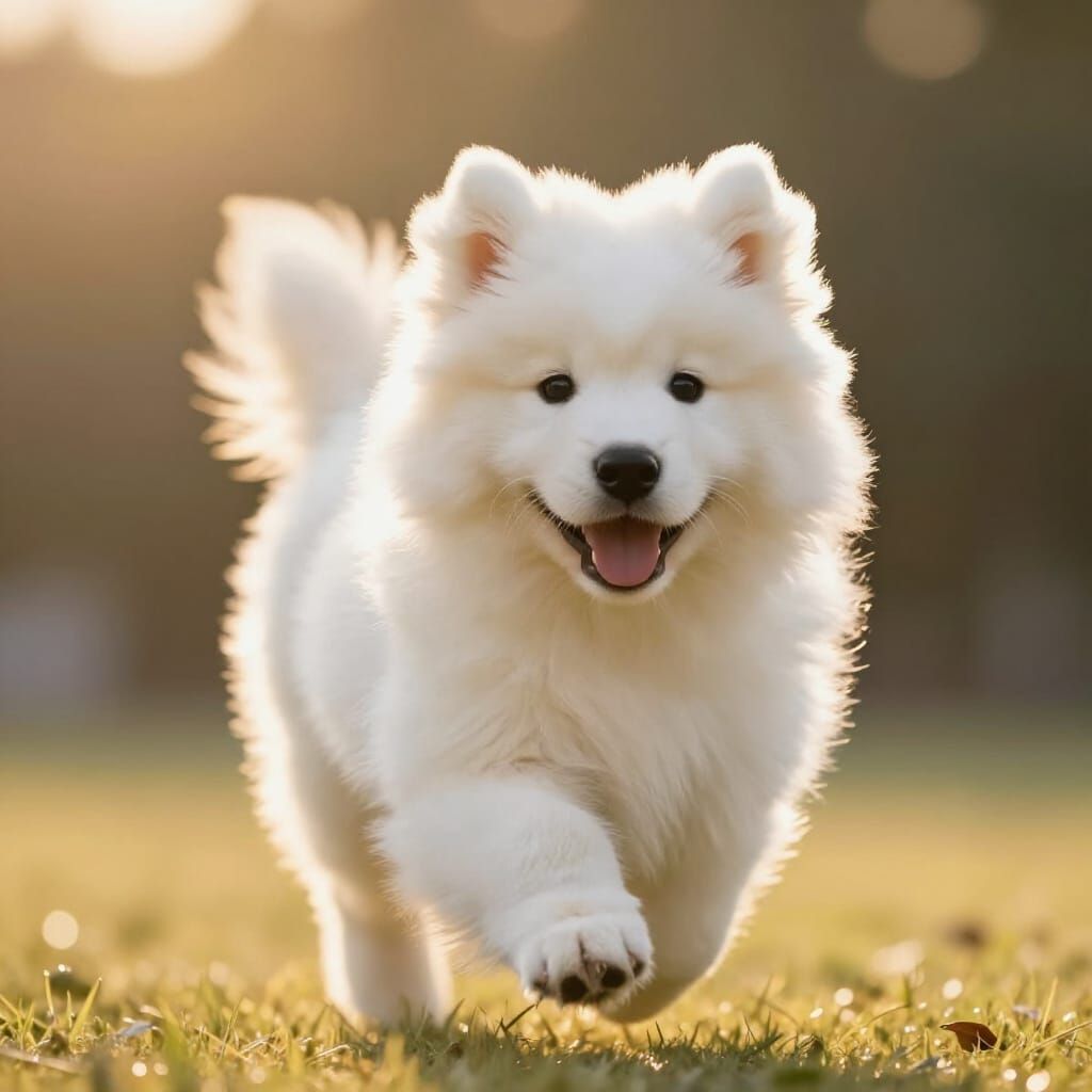 Joyful Samoyed Puppy Running Towards Viewer in Golden Hour L...