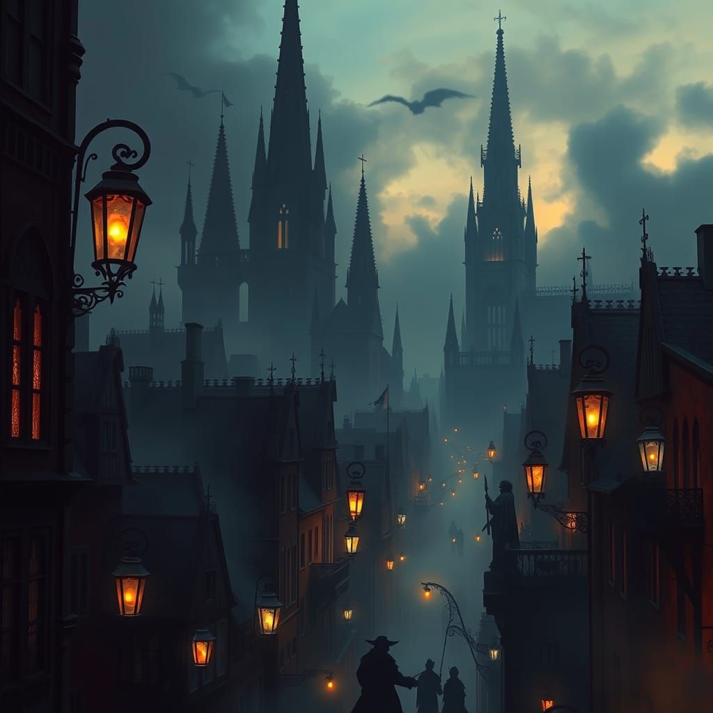Gothic Cityscape of Shadows and Mystery