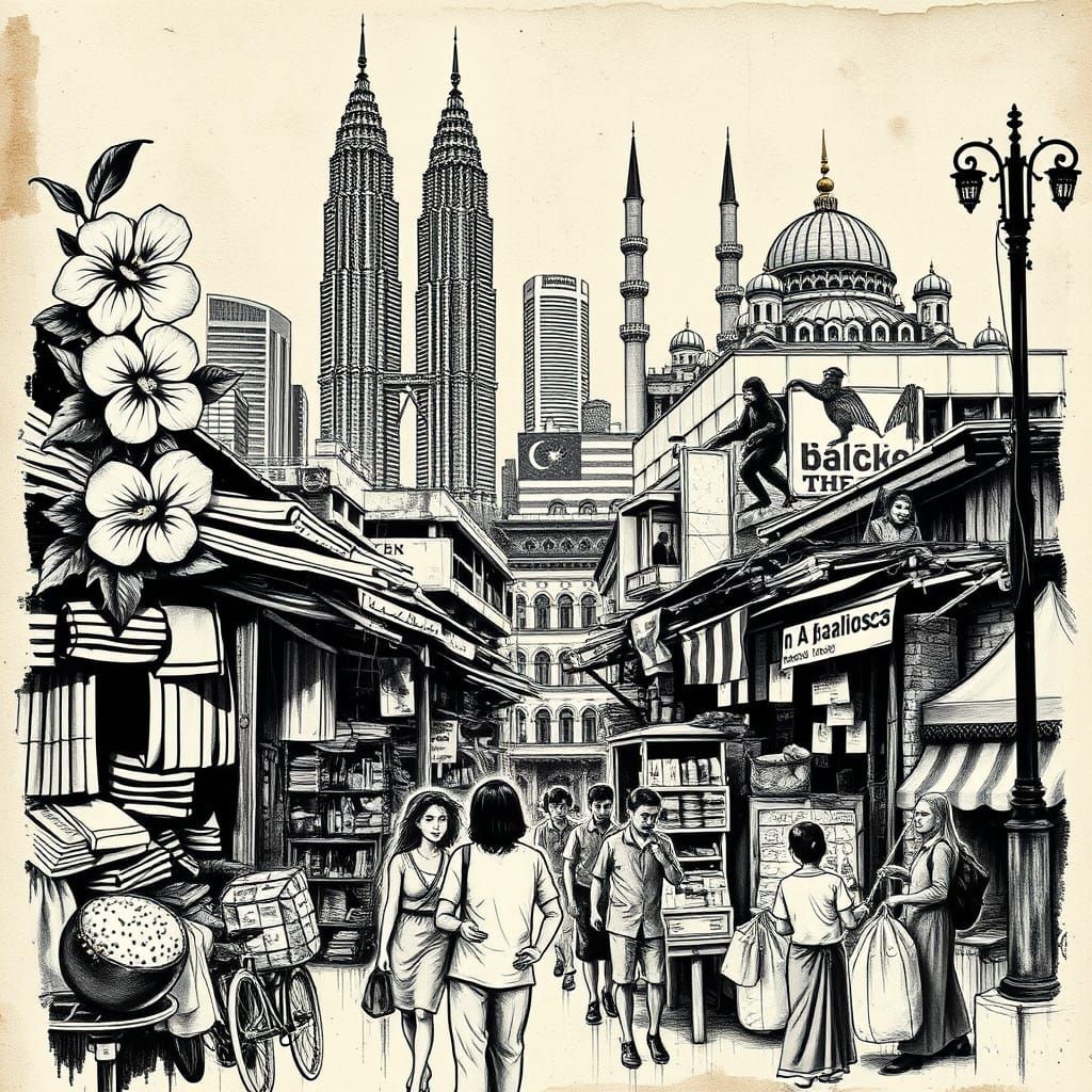 Vibrant Monochromatic Graffiti Marketplace Scene