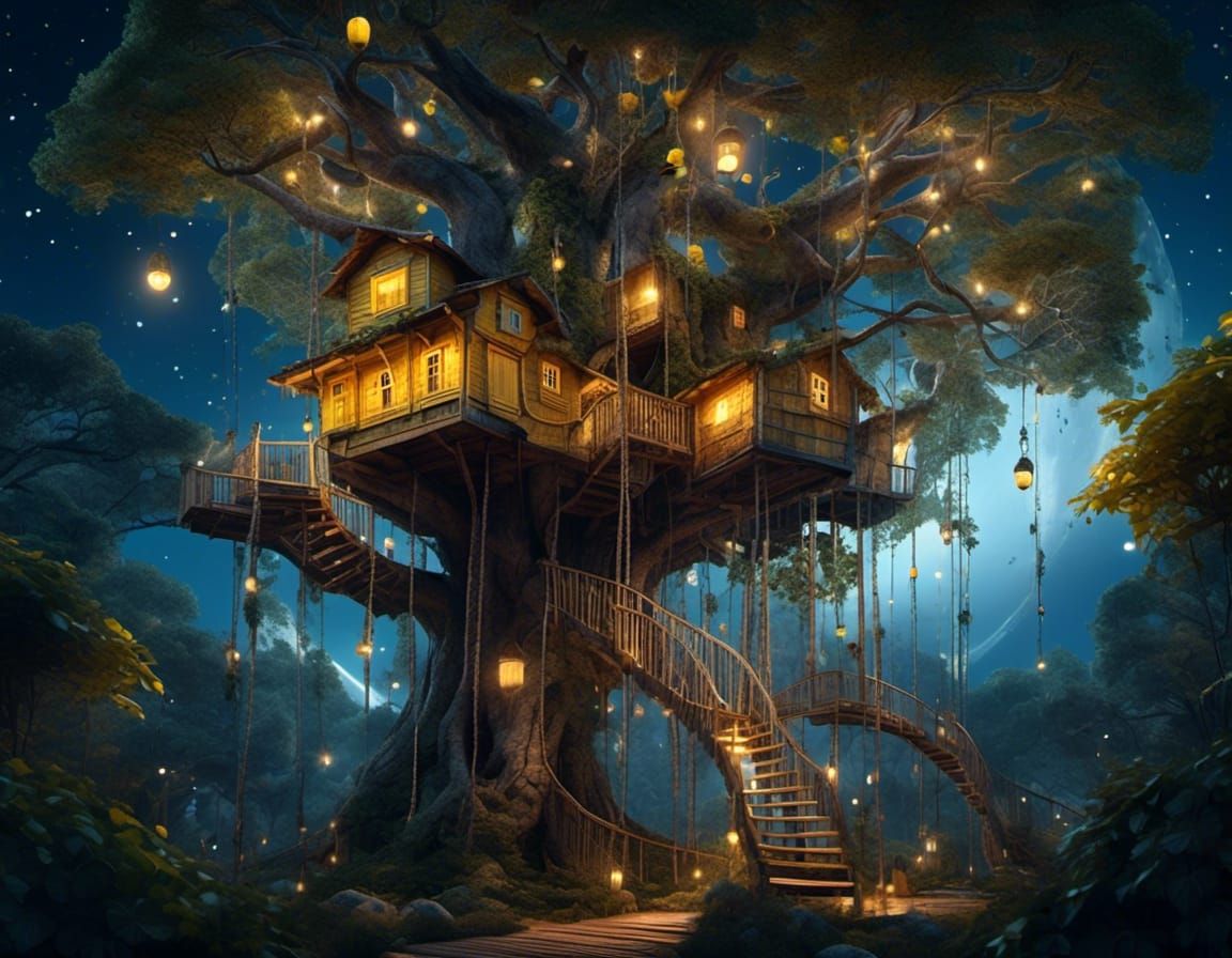 Romantic Treehouse Village Under Starry Night Sky