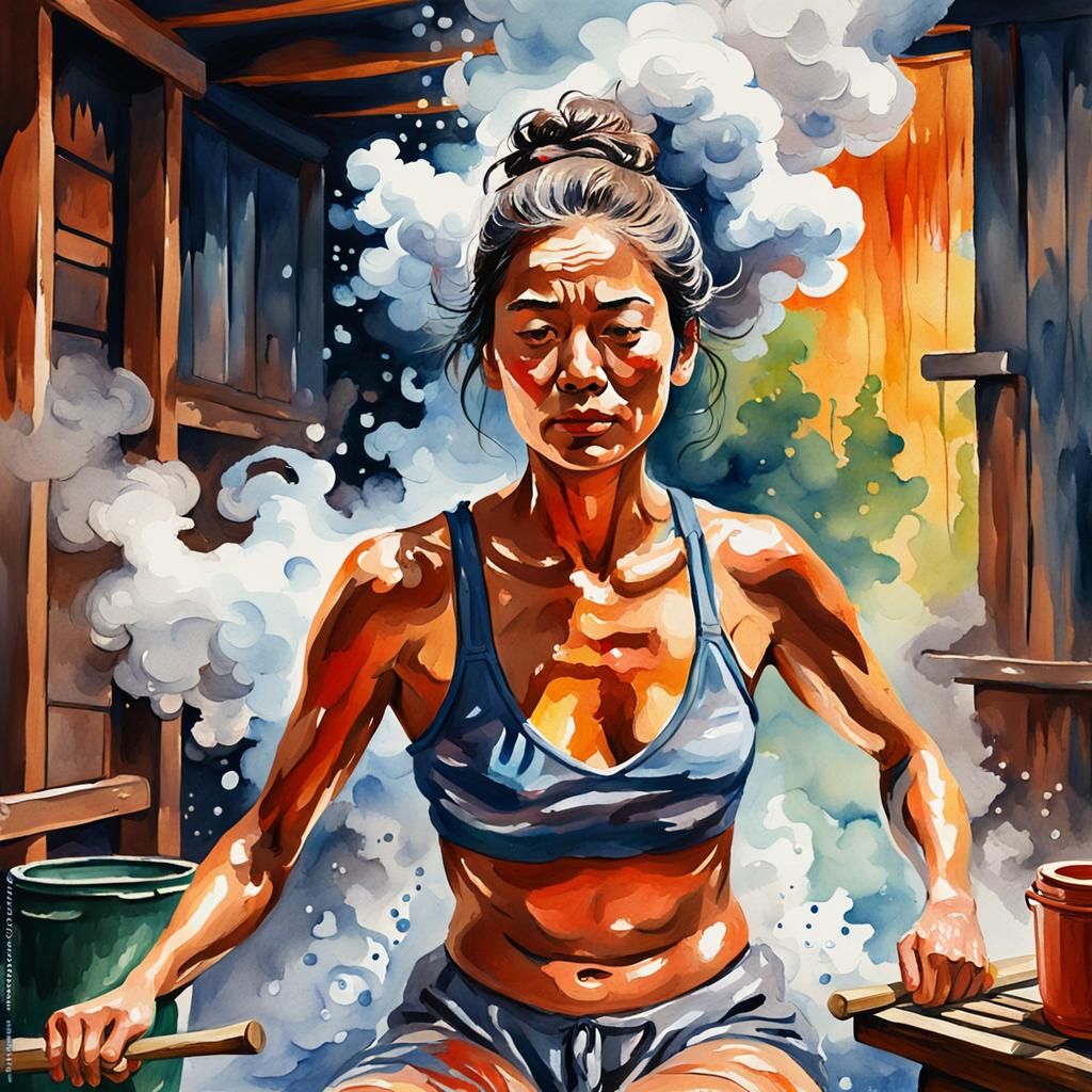 Elegant Woman in the Heat of the Sauna, in Epic Impressionis...