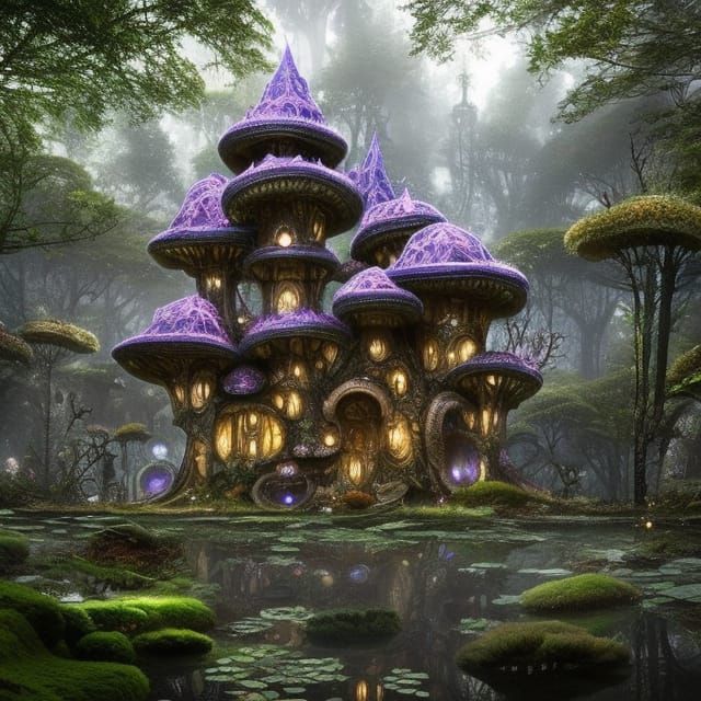 Steampunk Mushroom Villa in Fairytale Solarpunk Jungle