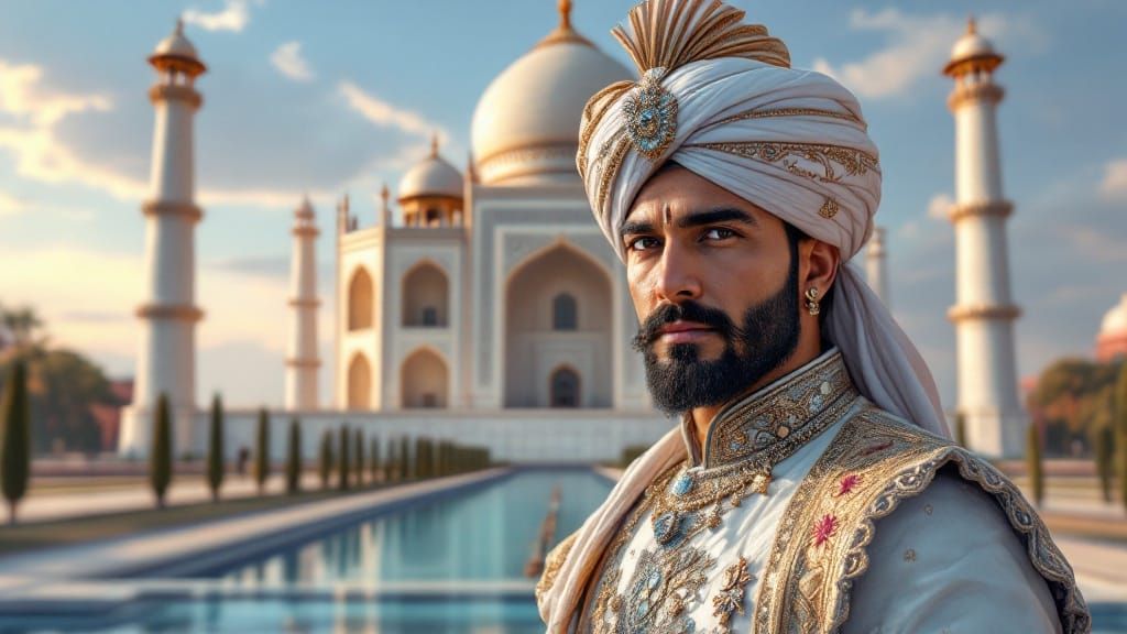 Regal Maharaja in Front of a Majestic White Marble Palace