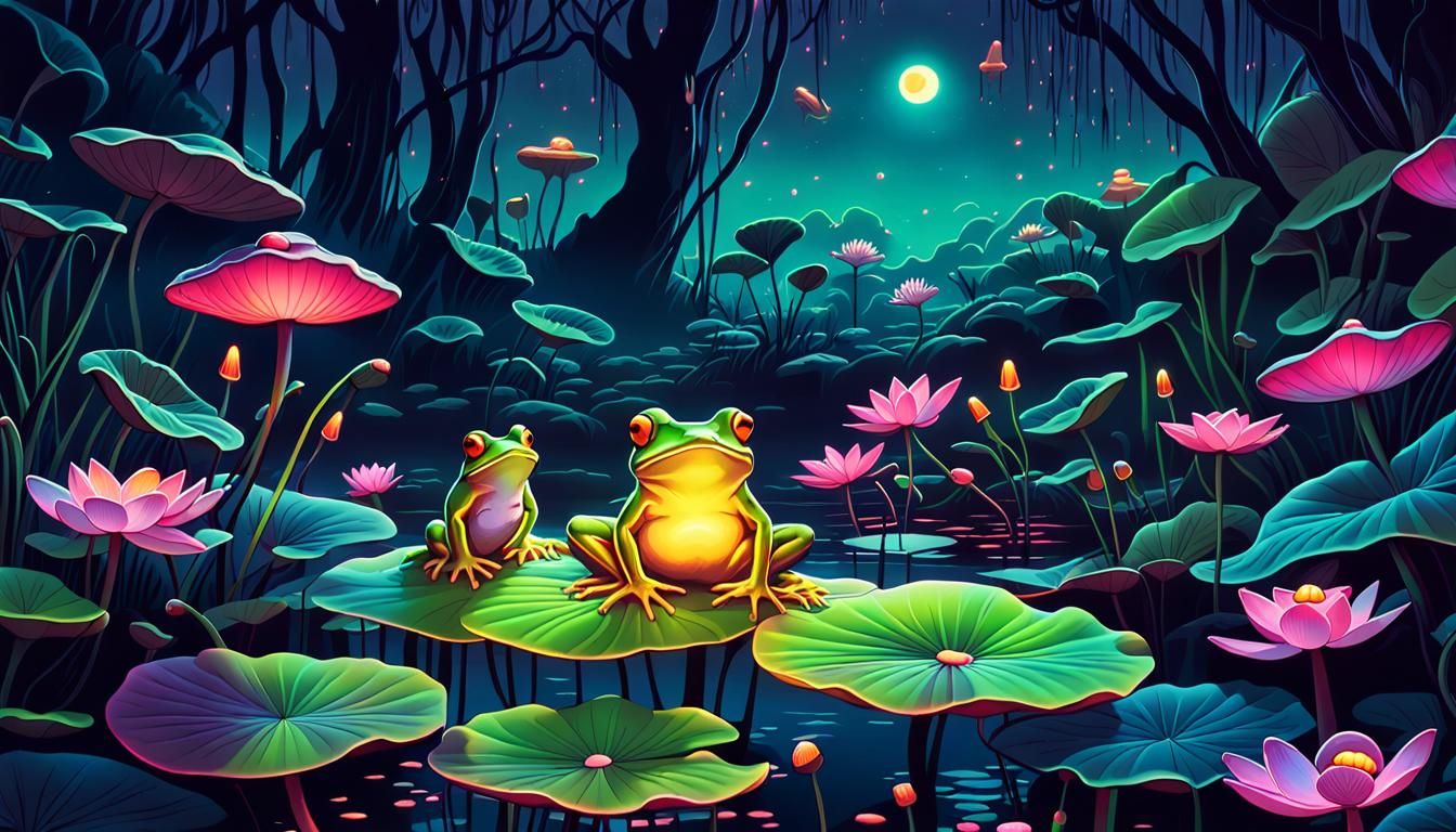 Glowing Frogs and Rabbits Hopping Through Neon Lotus Jungle