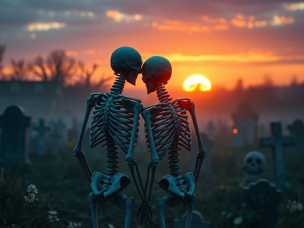 Skeleton Couple Watches Sunrise in Graveyard
