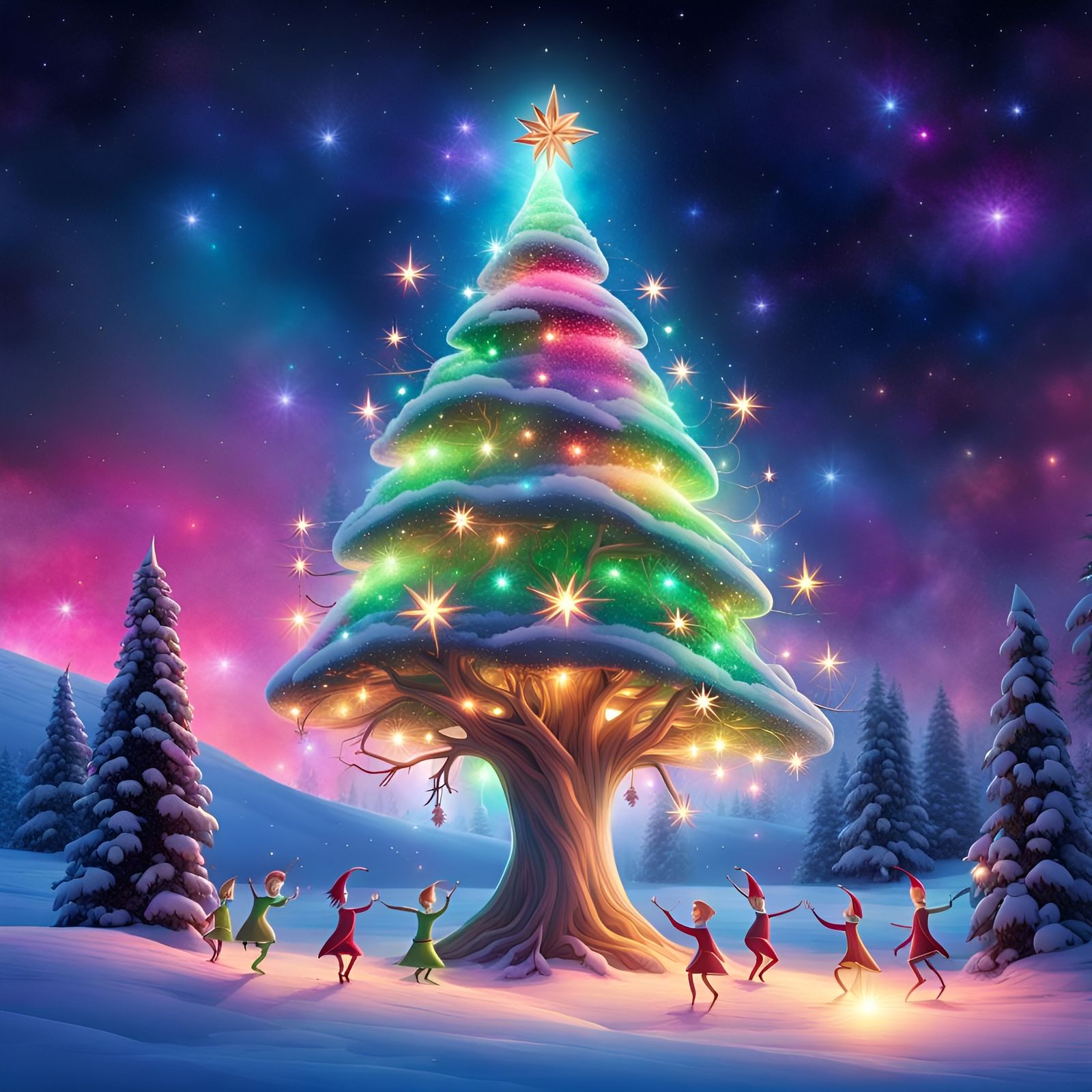 Galactic Christmas Tree with Dancing Elves