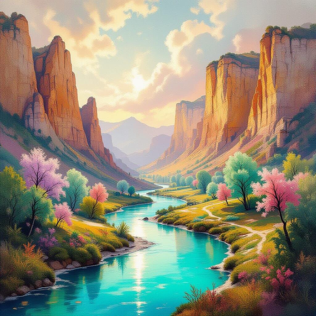 Dreamlike Valley with Cliffs in Impressionist-Surreal Style