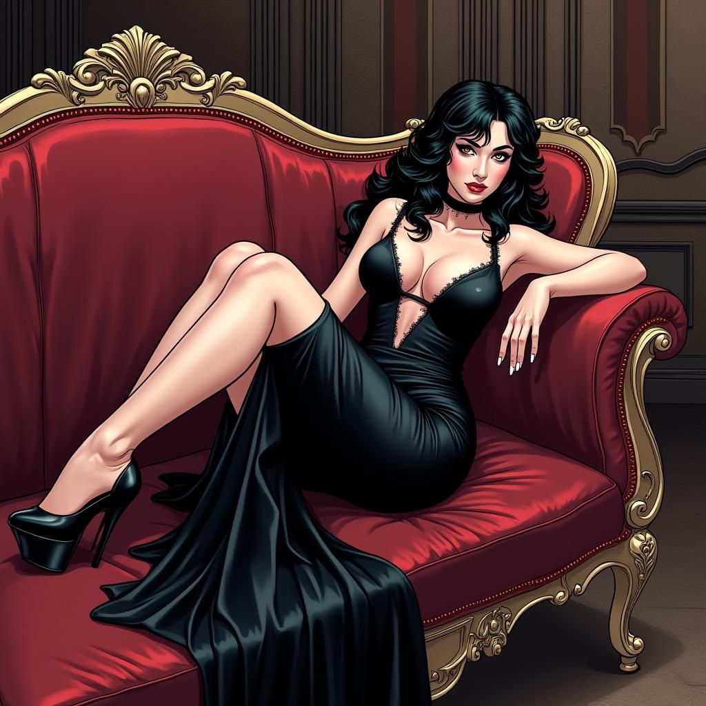 Goth Curvy Girl Reclines in Opulent Baroque Parlor